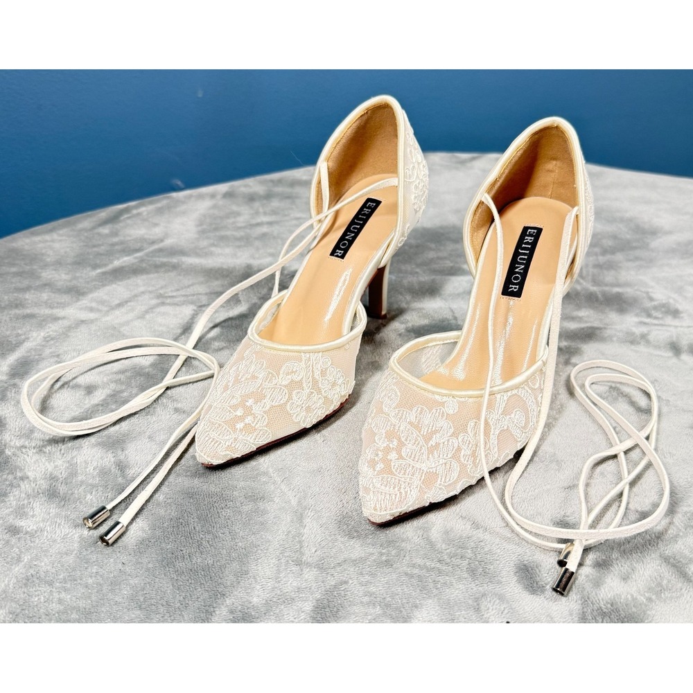 Erijunor Lace Heels Womens 3 Ivory Ankle Tie Lace Up Pointed Toe Bridal